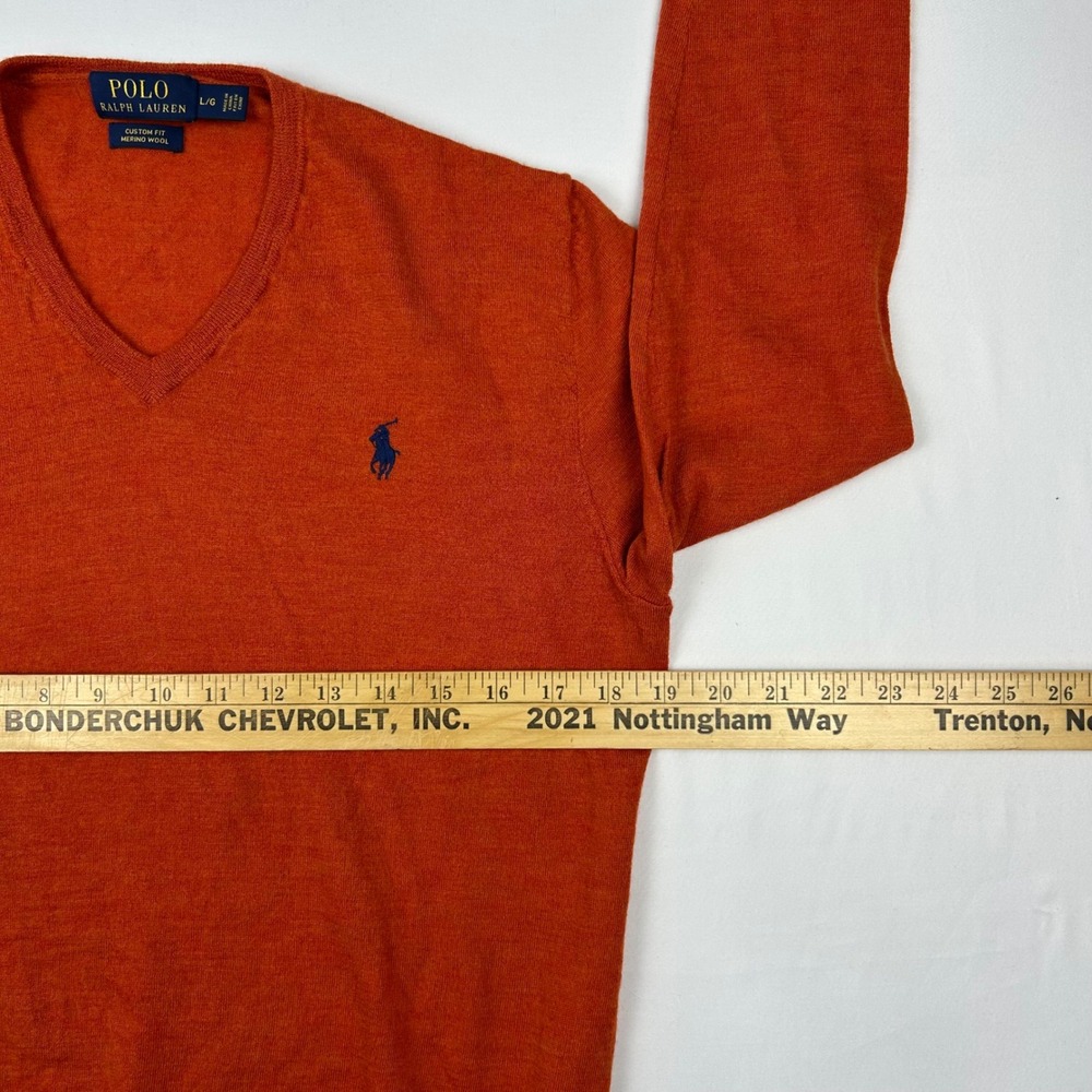 Polo Ralph Lauren Mens Orange Merino Wool V-Neck Sweater Custom‎ Fit Large L/G - Picture 4 of 11